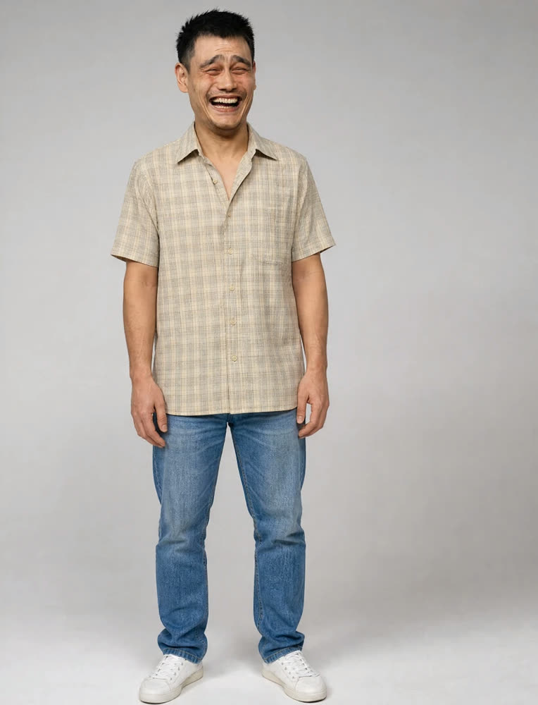 Yao Ming Face, full length, plaid shirt and jeans